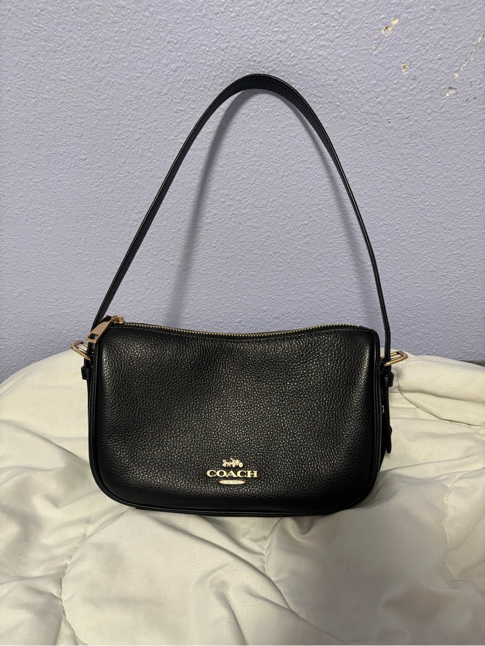 Coach Black Leather Shoulder Bag with Gold Logo